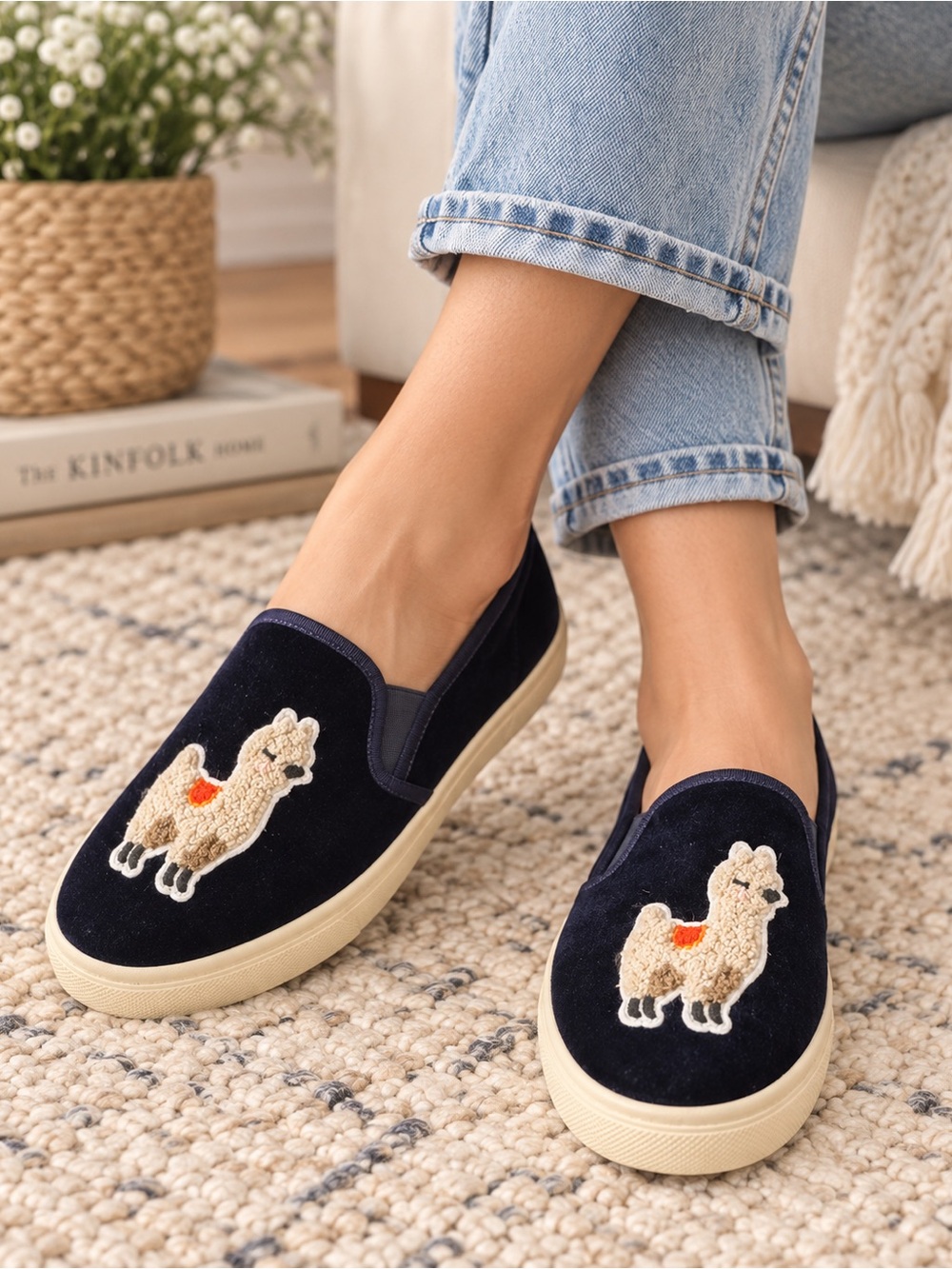 Soludos x Anthropologie Navy Velvet Llama Slip-On Sneakers Size 8.5